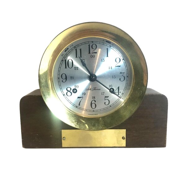 Vintage Seth Thomas Brass Ship Clock On Wood Base 8"W X 7"T With Key